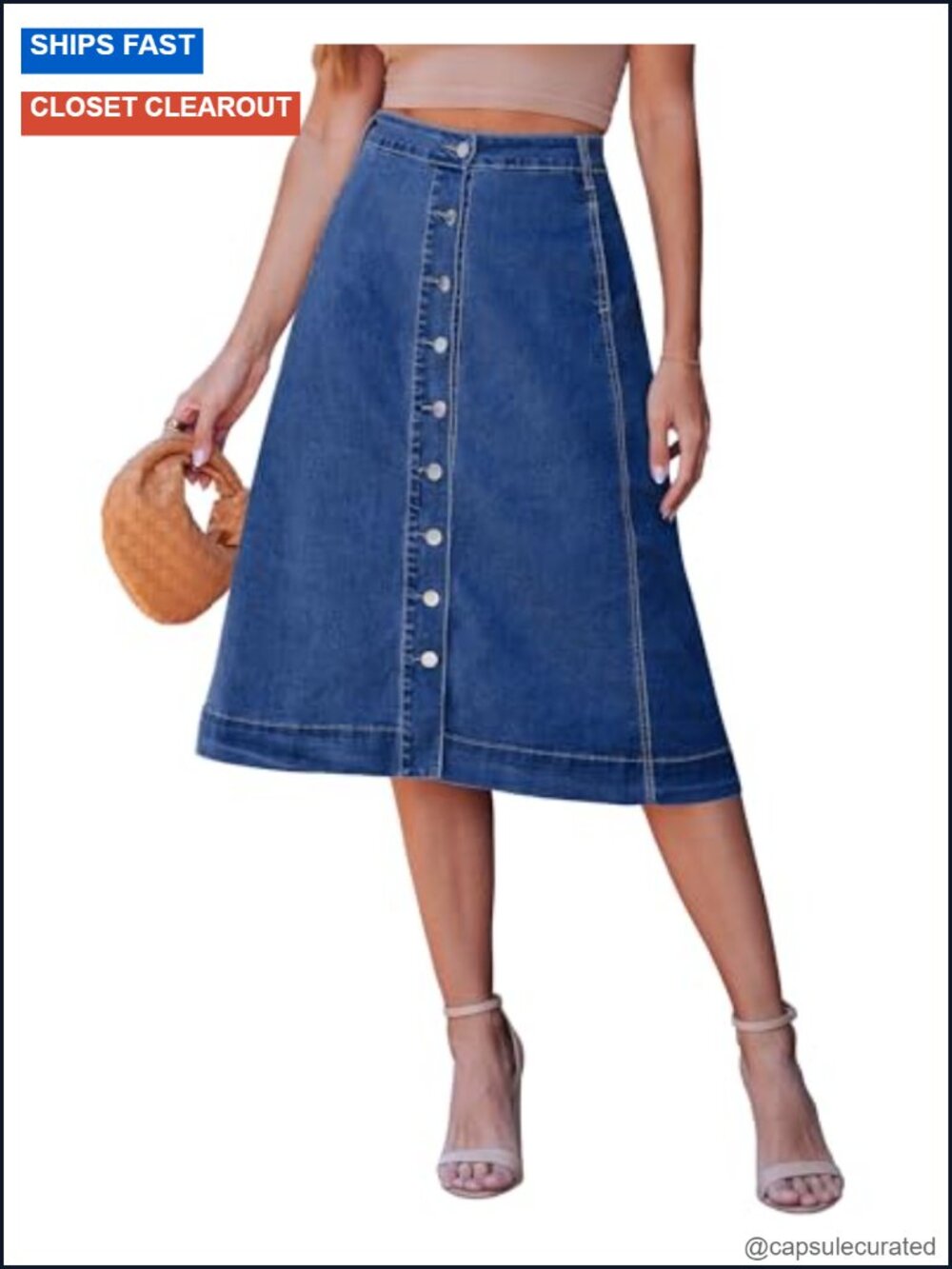 Midi A-Line Denim Skirt with Pockets High Waisted Stretchy Button Front